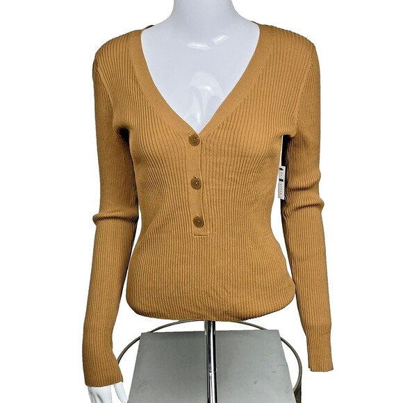 Leith Henley V-Neck Sweater Medium NWT Neutral Ribbed Pullover Soft Knit Cottage - Picture 1 of 4